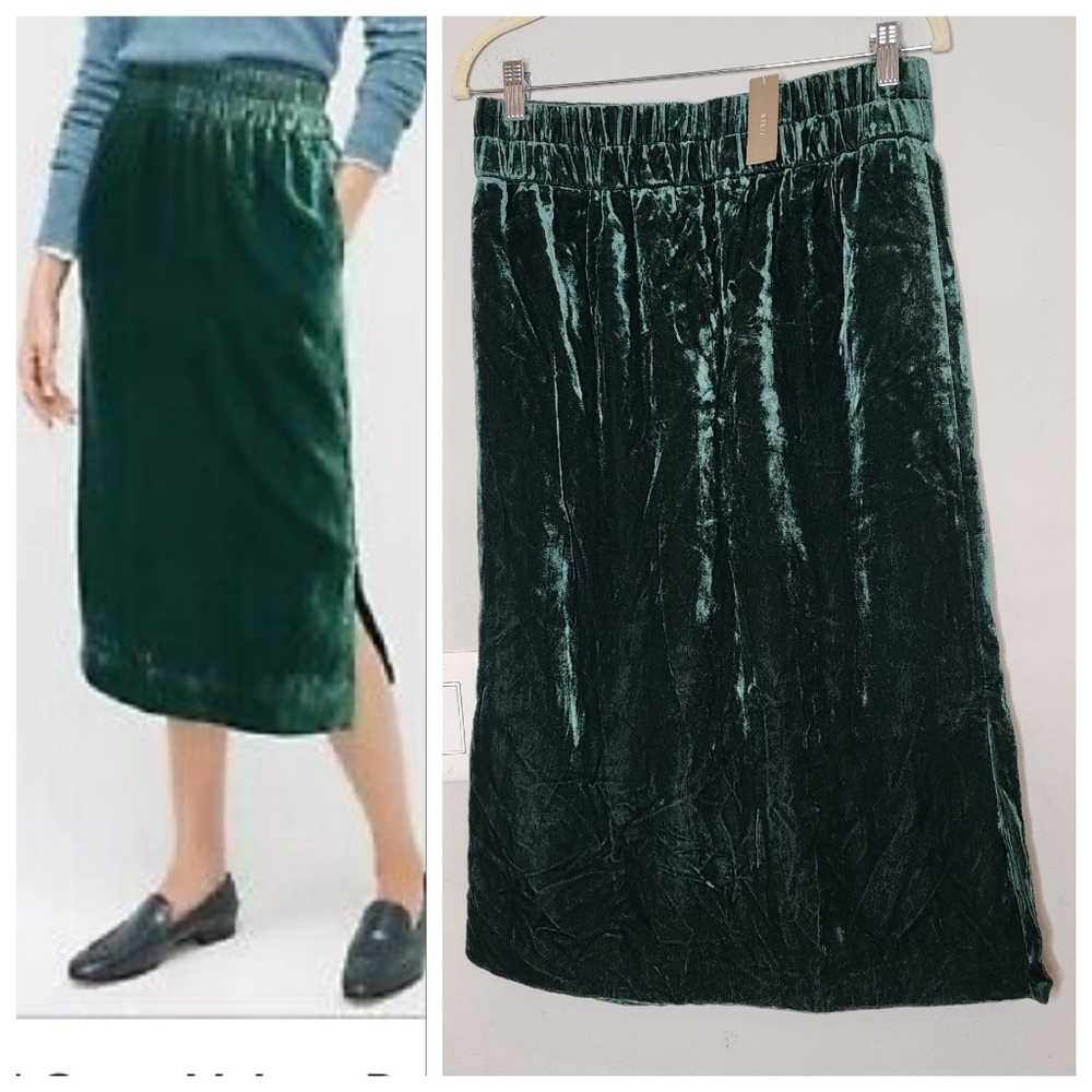 NWT J. Crewโ Crushed Velvet Green pullon midi skirt pockets size medium
